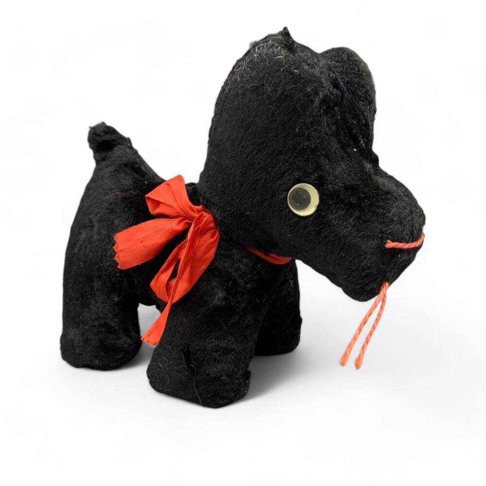 1960s Scottish Terrier Dog Stuffed Animal Black Red Googly Eyes 8" VTG Kitsch